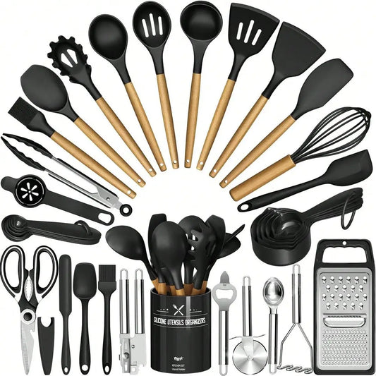 Kitchen Utensils Set 34PCS Silicone Cooking Utensils With Holder, Heat Resistant Kitchen Utensil Spatula Set For Nonstick Cookw