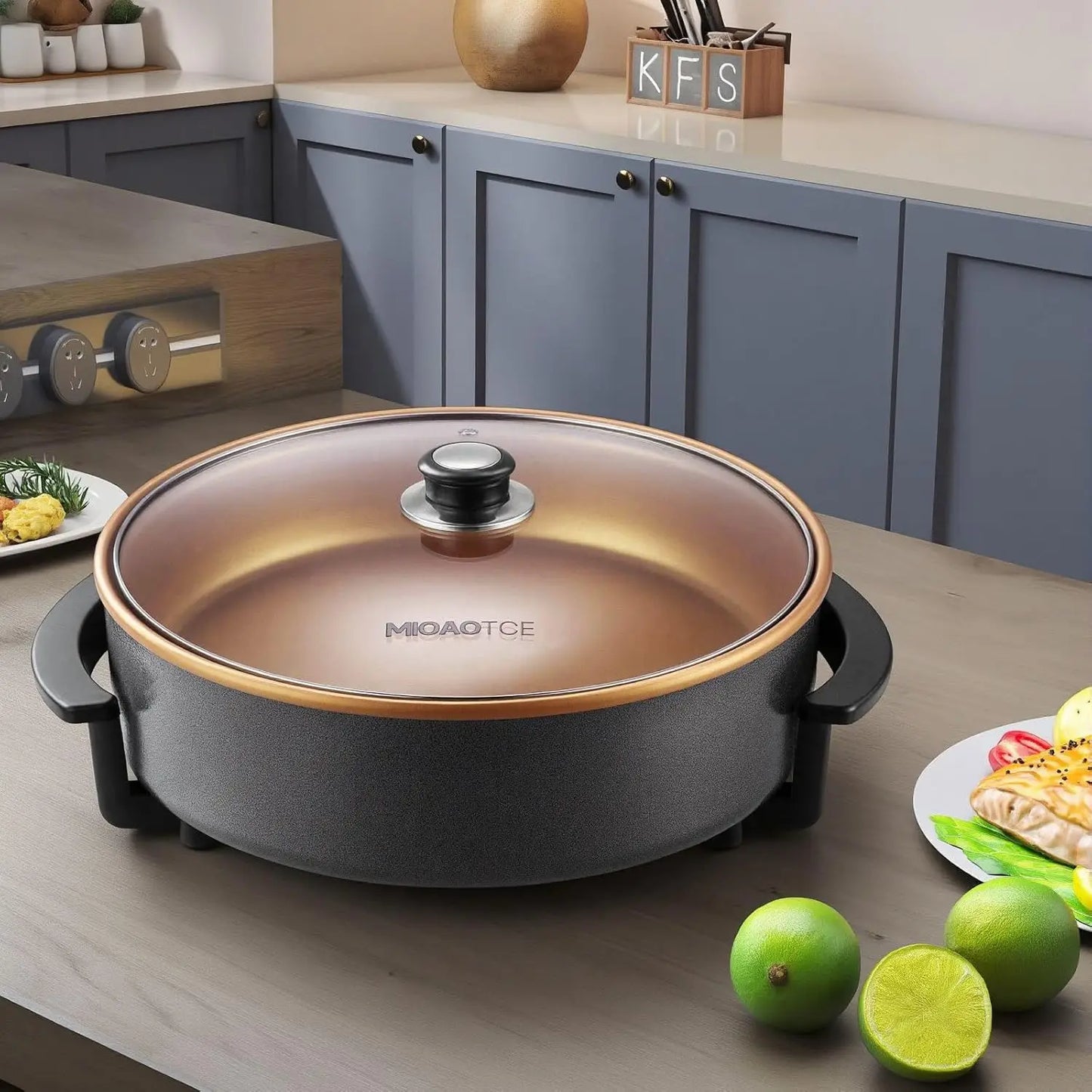 14' Large Electric Skillet with lid, Ceramic Nonstick Coating Electric Frying Pan, 1500W Quick & Even