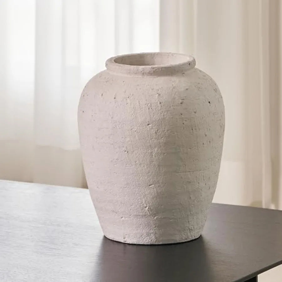 White ceramic large vase 11.8 tall for Zen home decor terra cotta texture distressed farmhouse style pottery decorative flower