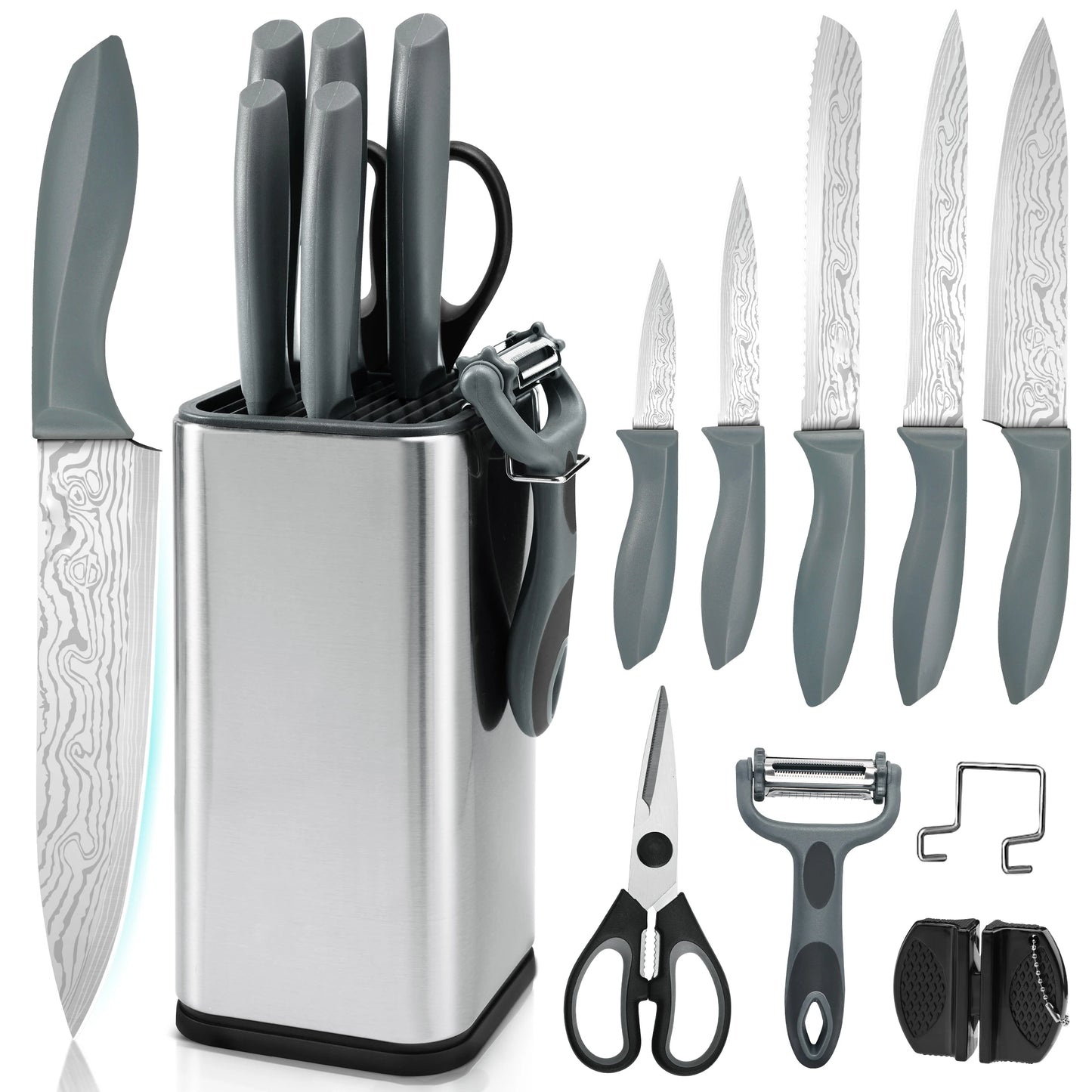 10Pcs Damascus Pattern Stainless Steel Kitchen Knife Set with Stainless Steel Universal Knife Block Peeler Scissors Knife Sharpener Household Chef Paring Cooking Cutlery Kit