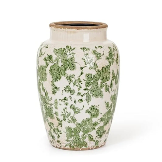 Ceramic Flower Vase for home decor and flower arrangement vintage ice-cracked glaze porcelain green floral pattern 10.2 inch ta