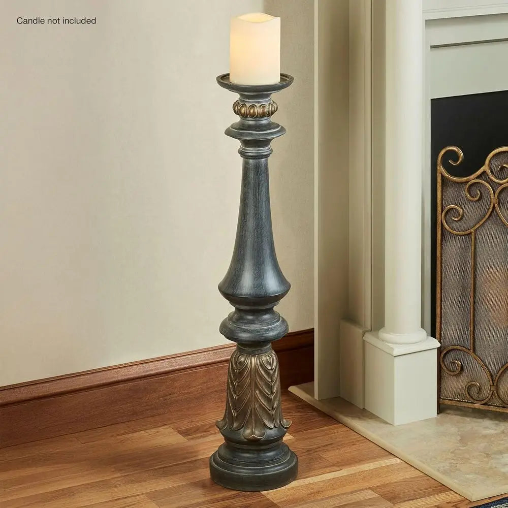 Tall Candle Holder With Metallic Accents Pillar Pedestal Spindle Design