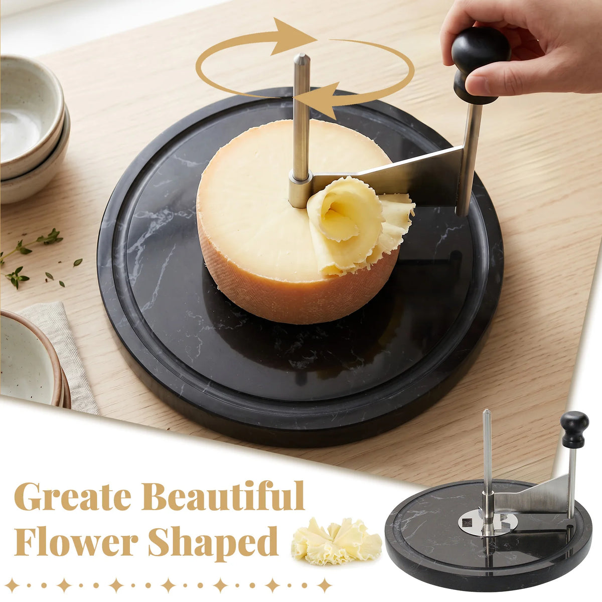 Cheese Curler with Marble Base, Stainless Steel Blade Cheese Shaver for Charcuterie Board and Table Vegetables Cutter Kitchen Gadgets