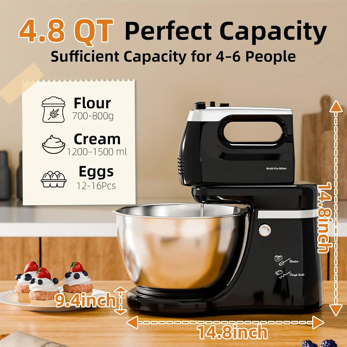 Stand Mixer 2-IN-1 Electric Kitchen Mixer, 4.8 QT Auto-Rotating Beater & Bowl Tilt-Standing Hand