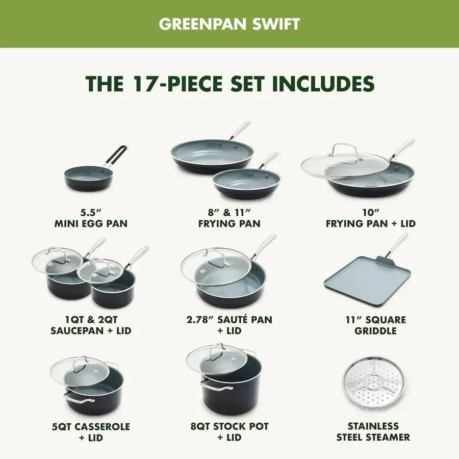 17 Piece Nonstick Swift Cookware Set, Ceramic PFASFree Pots amp Pans with Lids, Dishwasher amp Oven Broiler Safe to 600F, Kitch