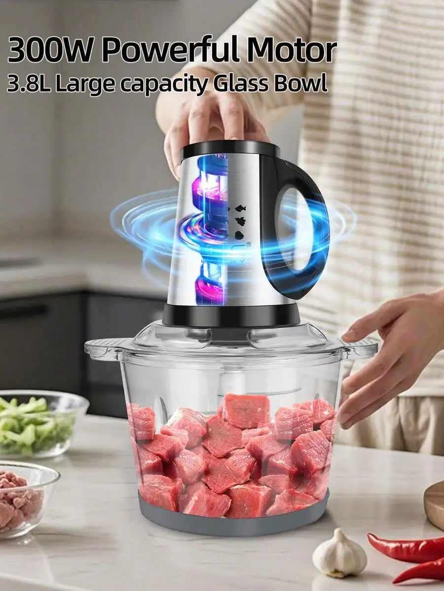 3.8L Large Capacity Electric Meat Grinder, Two Container Stainless Steel & Glass Food Processor With Double 4-Blade System, Food