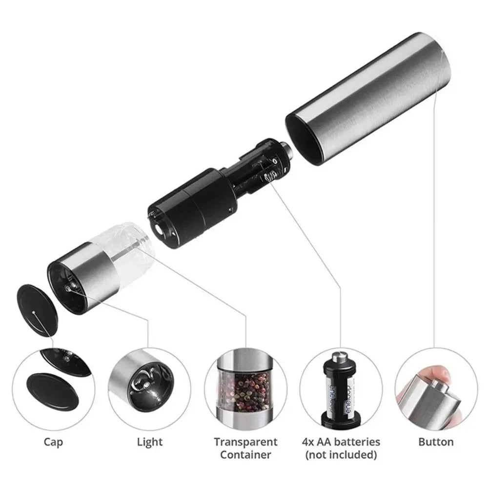 Electric Pepper Grinder Stainless Steel Salt and Pepper Mill Set for Black White Pepper Sichuan Peppercorn Rose Salt Grinding Seasoning Bottle Home Kitchen Spice Mill Tool Gadgets for Cooking Supplies Easy Use Women Men Famil