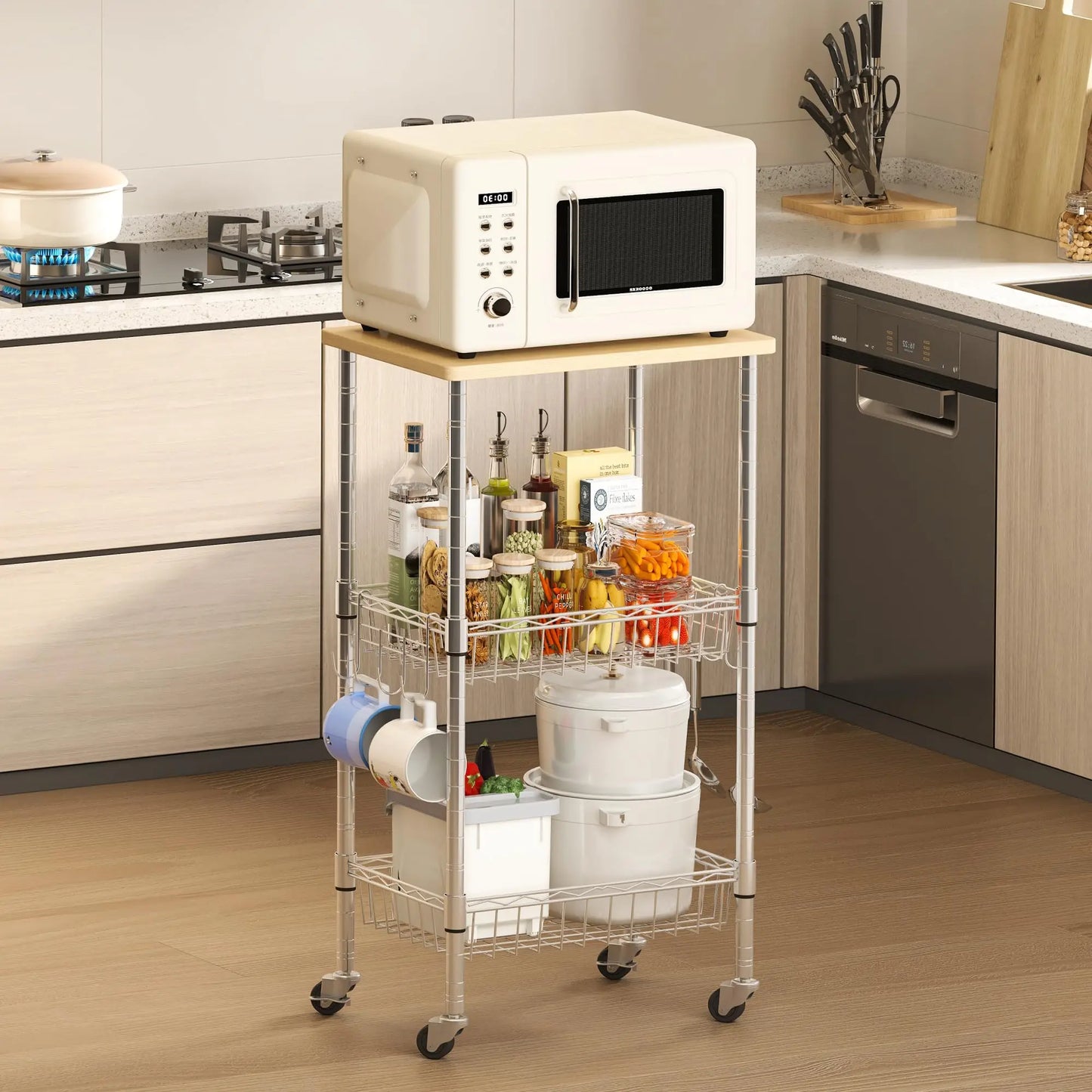 Homeiju Rolling Kitchen Storage Cart, 3-Tier Storage Rack On Caster Wheels With Adjustable 2 Baskets, Coffee Station Cart Rack S
