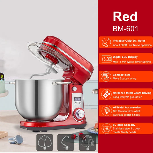 BioloMix 1200W 6L Kitchen Stand Mixer With Quiet DC motor, 6-speed, for blending, whisking, and kneading