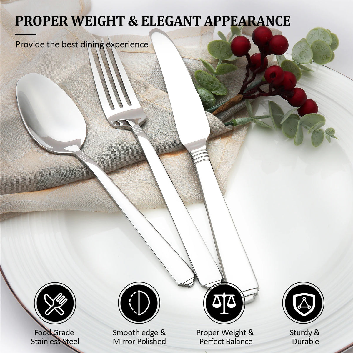 LORENA 20Pcs Stainless Steel Cutlery Set Service for 4 Mirror Polished Flatware Silverware Set Knife Fork Spoon Dishwasher‑Safe For Home Restaurant Party Kitchen Utensils