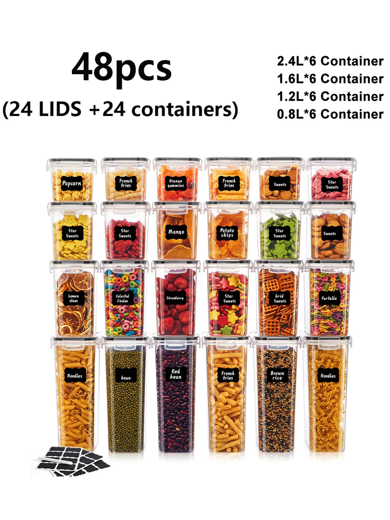 48pcs，kitchen gadgets, sealed pasta boxes with LIDS, labels and markings - versatile containers for pasta, dry food