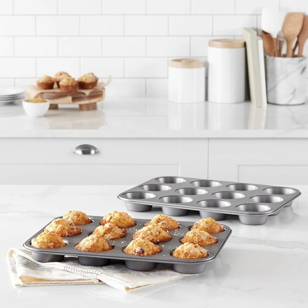 Nonstick Muffin Pan Set of 2, 12 Cups Each, Sturdy Steel, Oven Safe to 428°F, Easy Clean, Gray