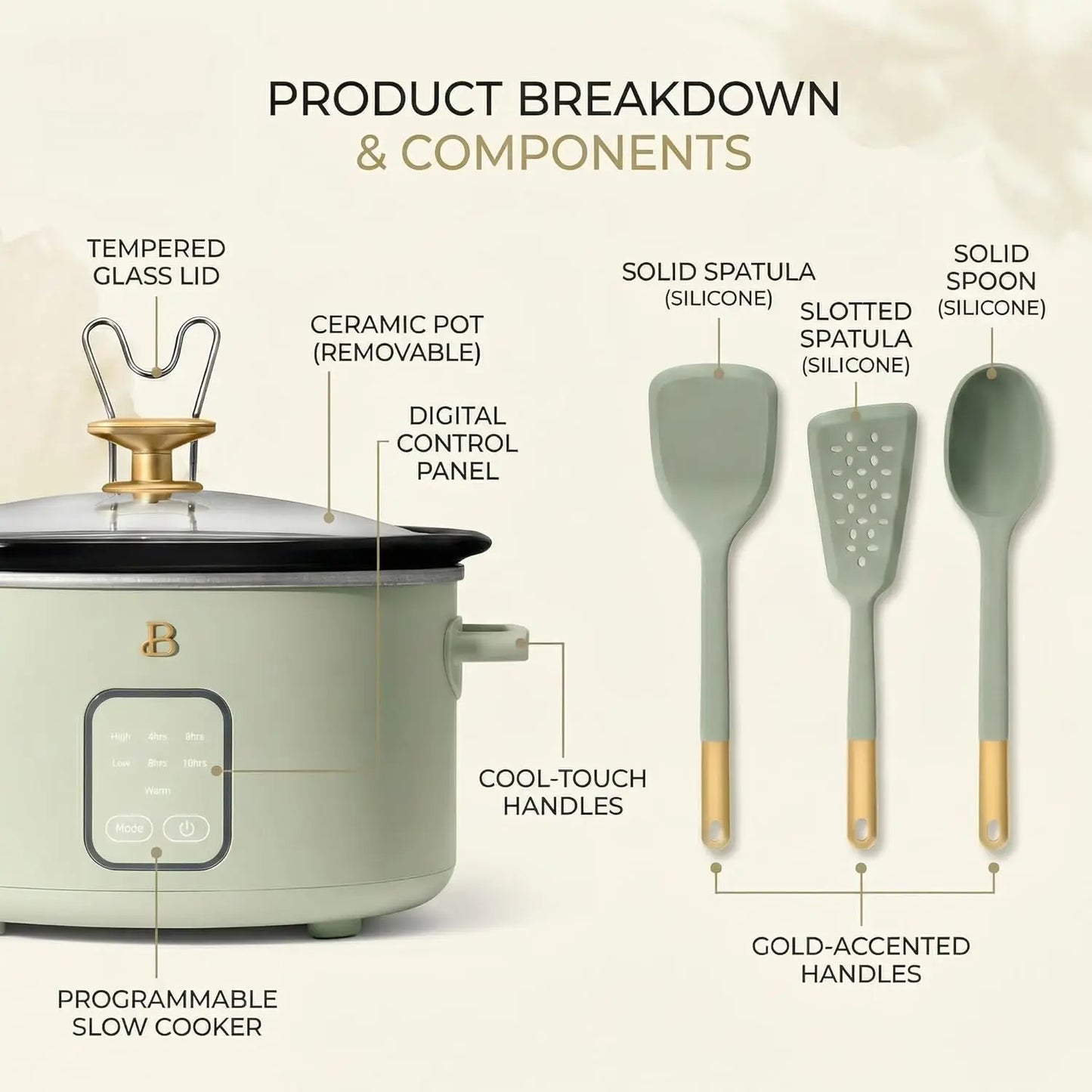 4 Quart Slow Cooker with Touch Activated Display and 3 Piece Silicone Kitchen Utensil Set - Sage